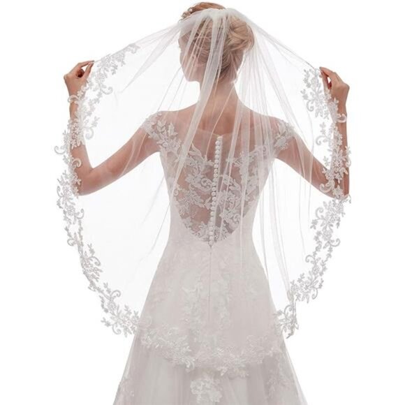 EllieHouse Womens Short Fingertip Length 1 Tier Lace Wedding Bridal Veil main image 5